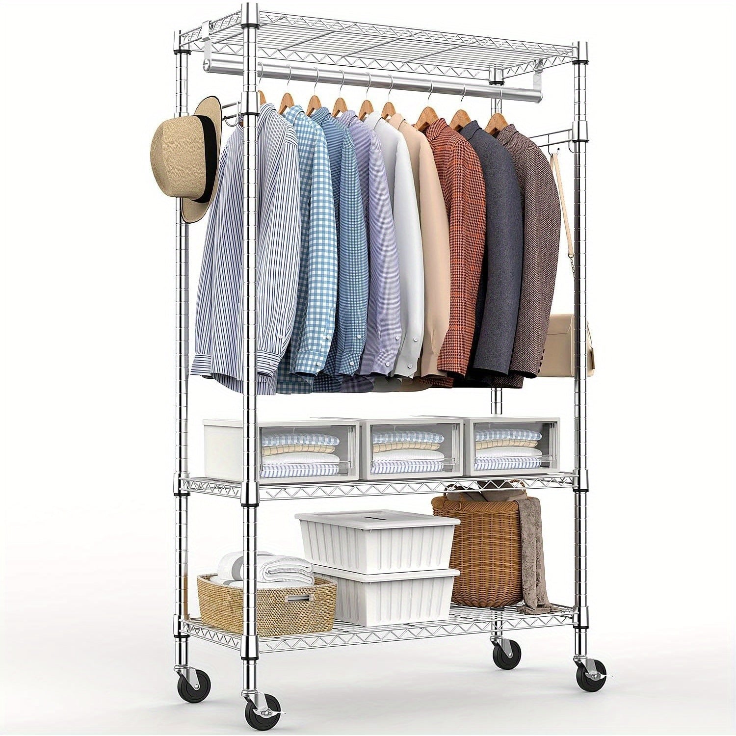 MZG Heavy Duty Rolling Garment Racks 3 Tiers Adjustable Wire Shelving Clothes Rack with Rods and Side Hooks, Storage Closet Clothing Rack with Wheels 15.7\