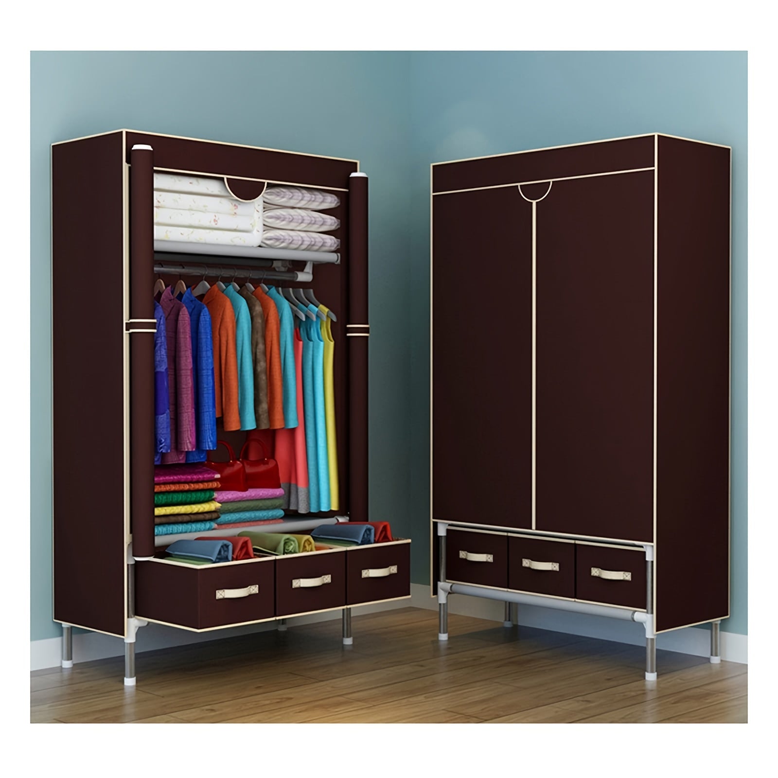 Portable Rolling Door Wardrobe with Hanging Rack & 3-Drawer Storage - Heavy-Duty Freestanding Cloth Cabinet Suitable for Small Spaces, No-Tool Assembly, Compact Mobile Closet (35.4” L X 17.7” W X 67” H), Portable Closets