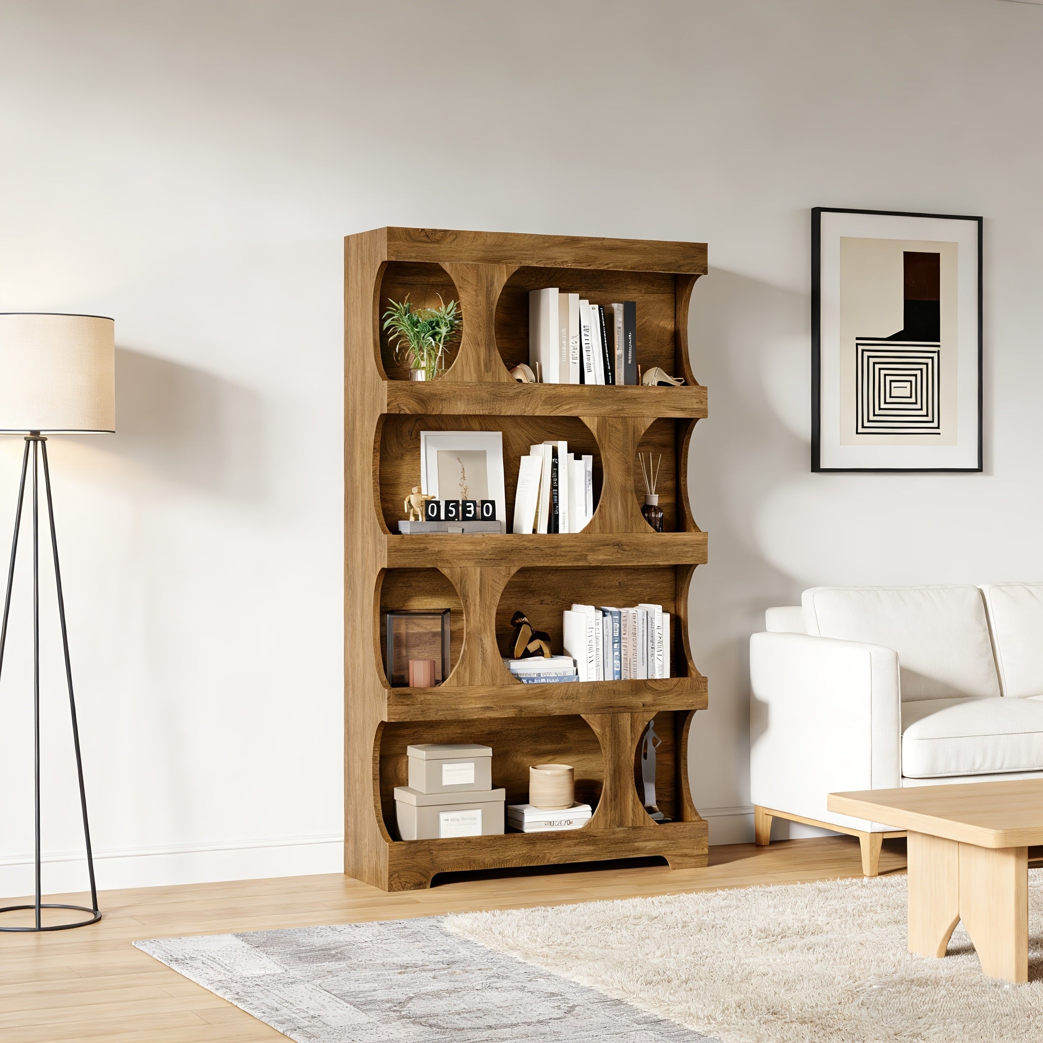 Artistic Curved Multi-Layer Bookshelf | Dual-Use Storage Shelf for Office & Home | Multi-Functional Organizer Display Rack | Brown Hardwood, 4 Shelves, Painted End, Floor Mount