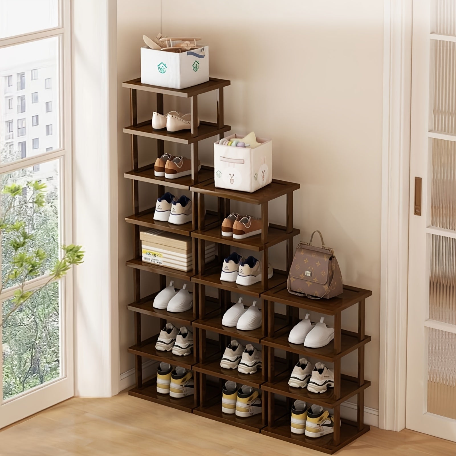 17-Tier Shoe Rack Organizer, Entryway Shoe Rack- Multi-Tier Narrow Shoe Organizer Home, Space-Saving, Easy To Assemble& Stackable, Wooden Brown Storage Rack Entryway, Dorm& Bedroom