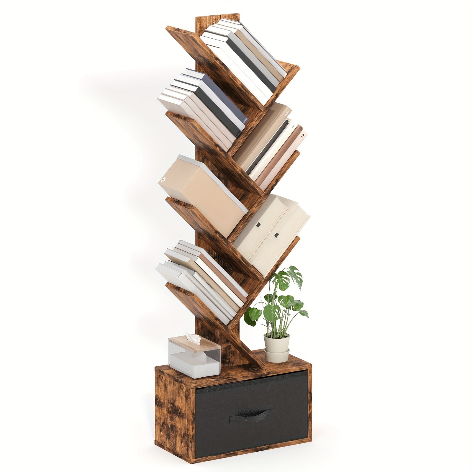 TOMNK 6-Tier Bookshelf Featuring a Drawer, Tree-Shaped Book Storage, Ideal for Organizing Cds, Movies, And Books, Rustic Brown Finish, Offers Excellent Stability And Longevity, Suitable for Living Rooms, Bedrooms, Home Decoration, Assembly