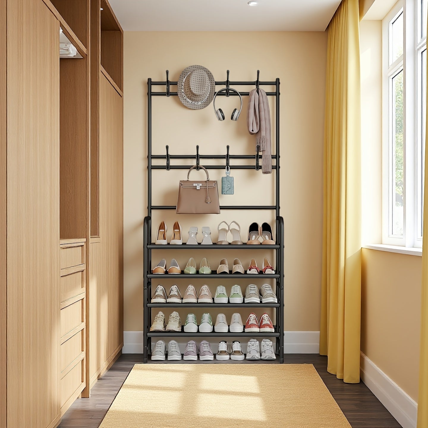 SUOERNUO 4-Tier Heavy-Duty Metal Entryway Coat Rack & Shoe Rack with 8 Hooks & Storage Shelf - Freestanding Sturdy Organizer with Spacious Shelves, Space-Saving Vertical Design for Hallway, Bedroom, Closet - Easy Assembly, Modern Finish, Standing