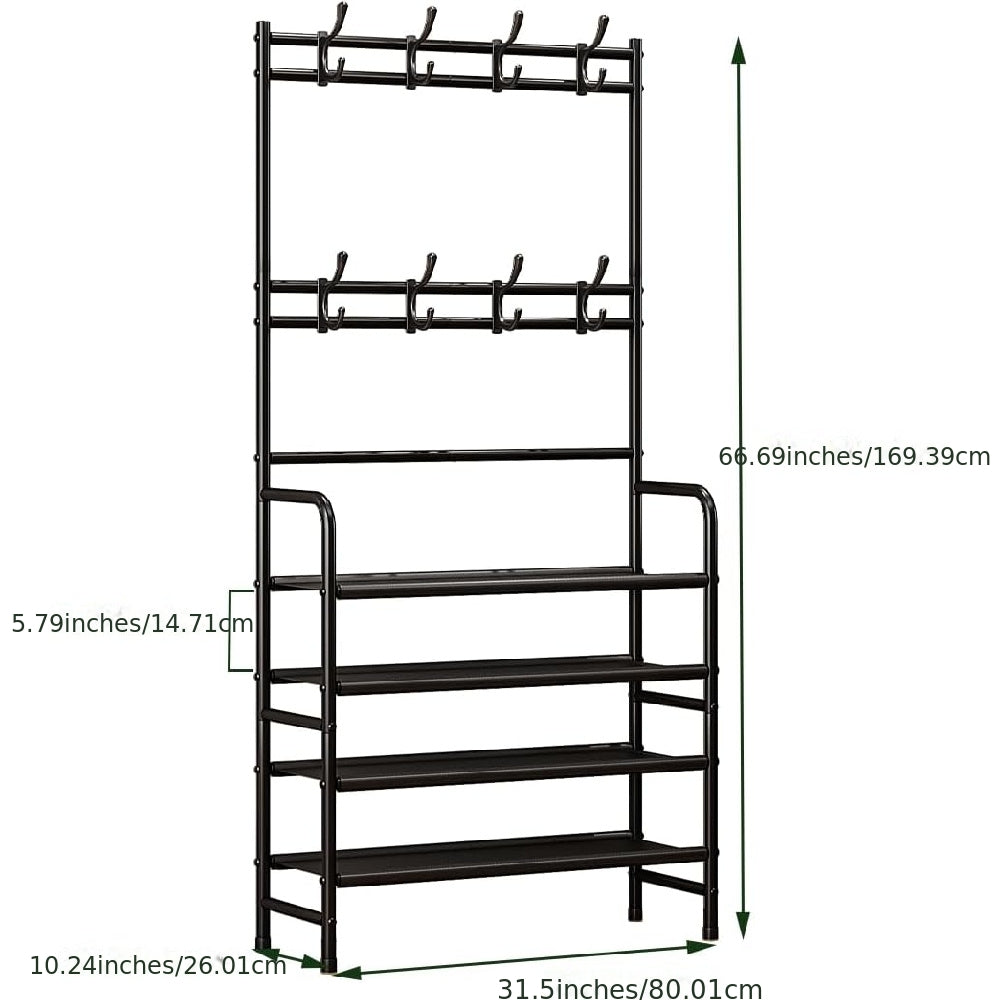 SUOERNUO 4-Tier Heavy-Duty Metal Entryway Coat Rack & Shoe Rack with 8 Hooks & Storage Shelf - Freestanding Sturdy Organizer with Spacious Shelves, Space-Saving Vertical Design for Hallway, Bedroom, Closet - Easy Assembly, Modern Finish, Standing