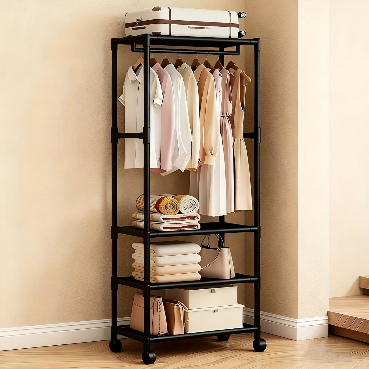 Portable Wardrobe - Multi-functional Design with Hooks, Wheels, And Reinforced Metal Frame. Black Portable Wardrobe with Universal Wheels, Suitable for Temporary Clothing Storage In Bedrooms And Space Utilization for Renters., Portable Closets