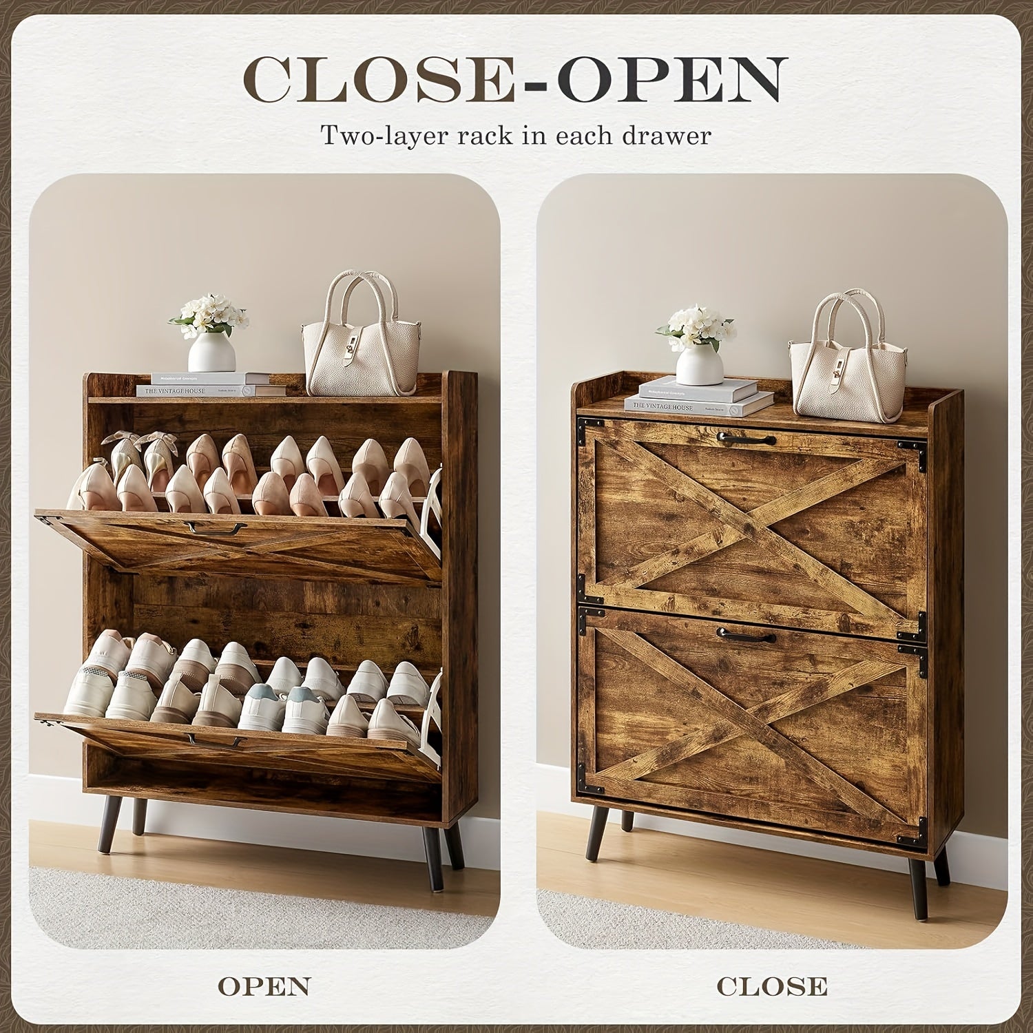 Shoe Storage, Shoe Racks, Shoe Storage Organizer, Cabinet with Doors, Compact Shoe Organizer with 2 Flip Drawers, for Entryway\u002FPorch\u002FLiving Room, Multiple Detachable Sturdy Racks, Perfect Holiday Gift for Home Organization