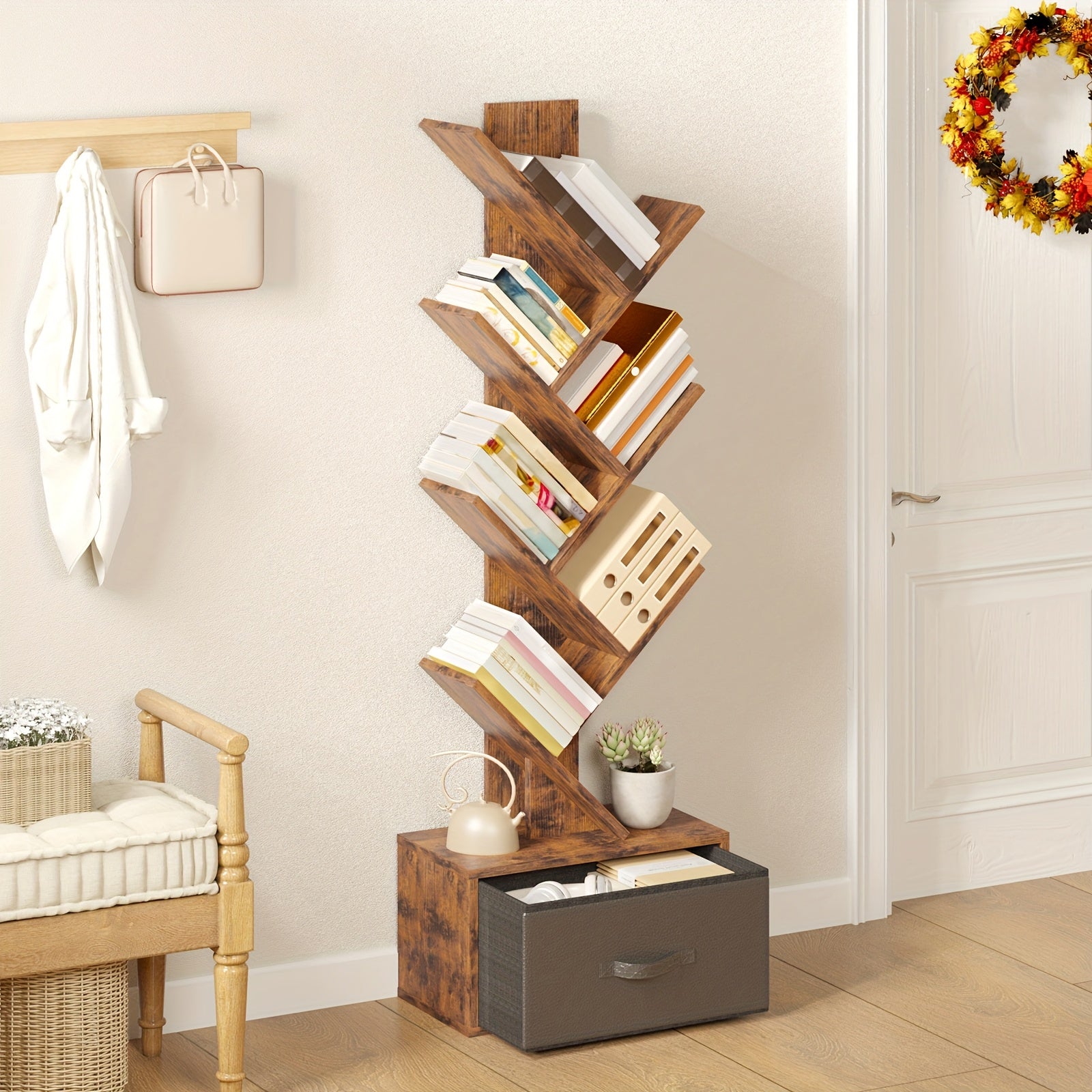 TOMNK 6-Tier Bookshelf Featuring a Drawer, Tree-Shaped Book Storage, Ideal for Organizing Cds, Movies, And Books, Rustic Brown Finish, Offers Excellent Stability And Longevity, Suitable for Living Rooms, Bedrooms, Home Decoration, Assembly