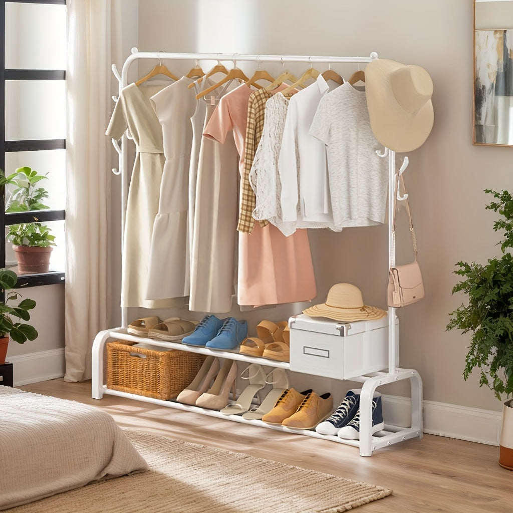 1pc Double-Layer Freestanding Clothes Hanger, Clothes Organizer Storage, Shoe Storage Organizer, Home Decor And Accessories, Saves Space, With Top Rod, Lower Storage And 6 Hooks, Father'S Day