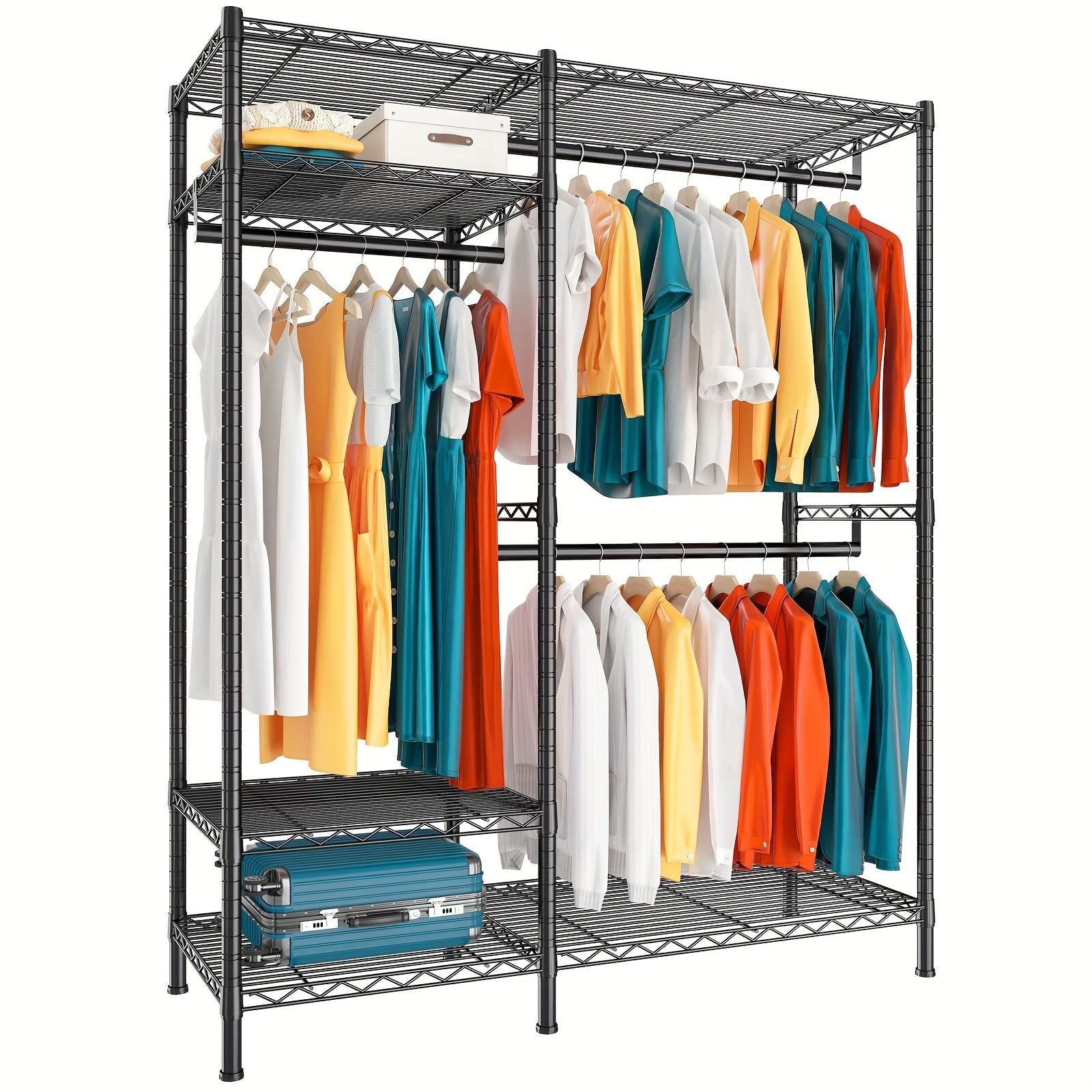 Garment Rack with Closet Organizers And Storage Shelves, Commercial Grade 4-Tier Wire Shelving Clothing Rack with Shoe Rack And 3 Closet Rods, Freestanding Wardrobe Closet for Hanging Clothes, Max Load 700LBS, Ideal for Apartments, Laundry Room