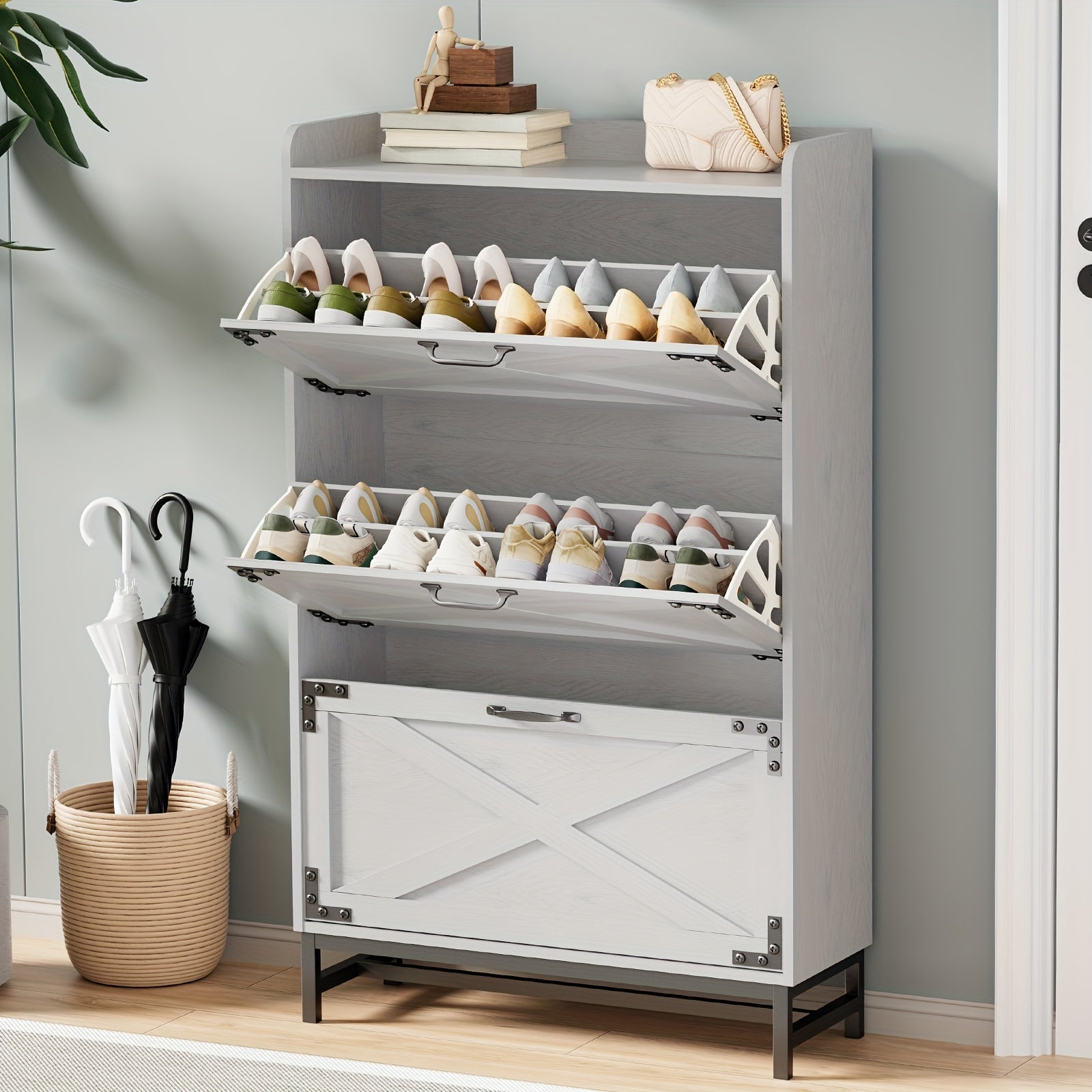 Shoe Storage, Shoe Racks, Shoe Storage Organizer, Cabinet with Doors, Compact Shoe Organizer with 2 Flip Drawers, for Entryway\u002FPorch\u002FLiving Room, Multiple Detachable Sturdy Racks, Perfect Holiday Gift for Home Organization
