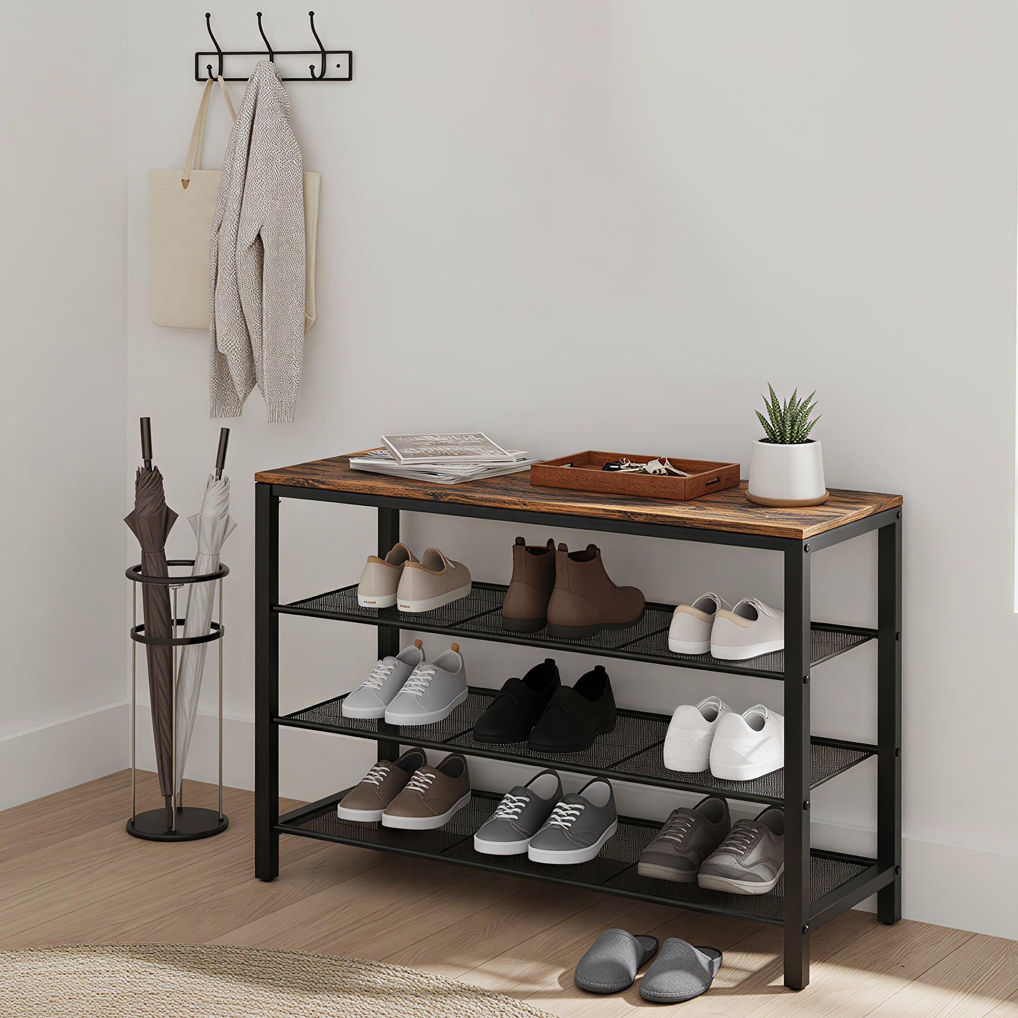 4 Tier Shoe Rack | Shoe Organizer for Closet, Entryway, Holds 16-20 Pairs, Large Capacity with 3 Metal Mesh Shelves, Floor Mount, Wood and Steel Construction by LEDREM