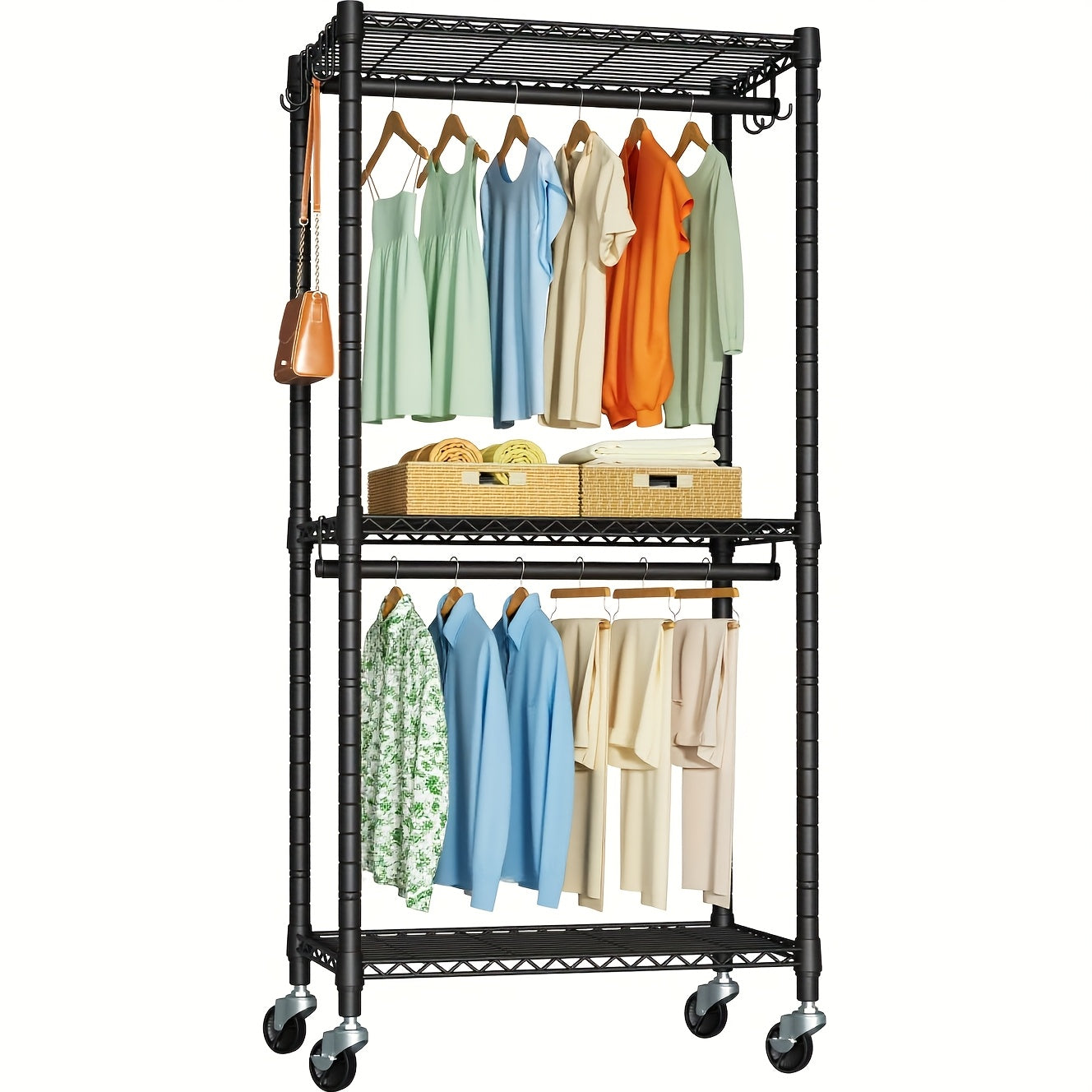 Portable Rolling Wardrobe, 3-Tier Carbon Steel Clothing Storage Rack, Featuring Double Hanging Rods, Side Hooks, And 4 Wheels (2 with Locks), with a Large Capacity Supporting Up to 450 Pounds.