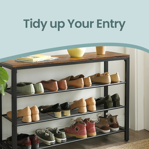 4 Tier Shoe Rack | Shoe Organizer for Closet, Entryway, Holds 16-20 Pairs, Large Capacity with 3 Metal Mesh Shelves, Floor Mount, Wood and Steel Construction by LEDREM